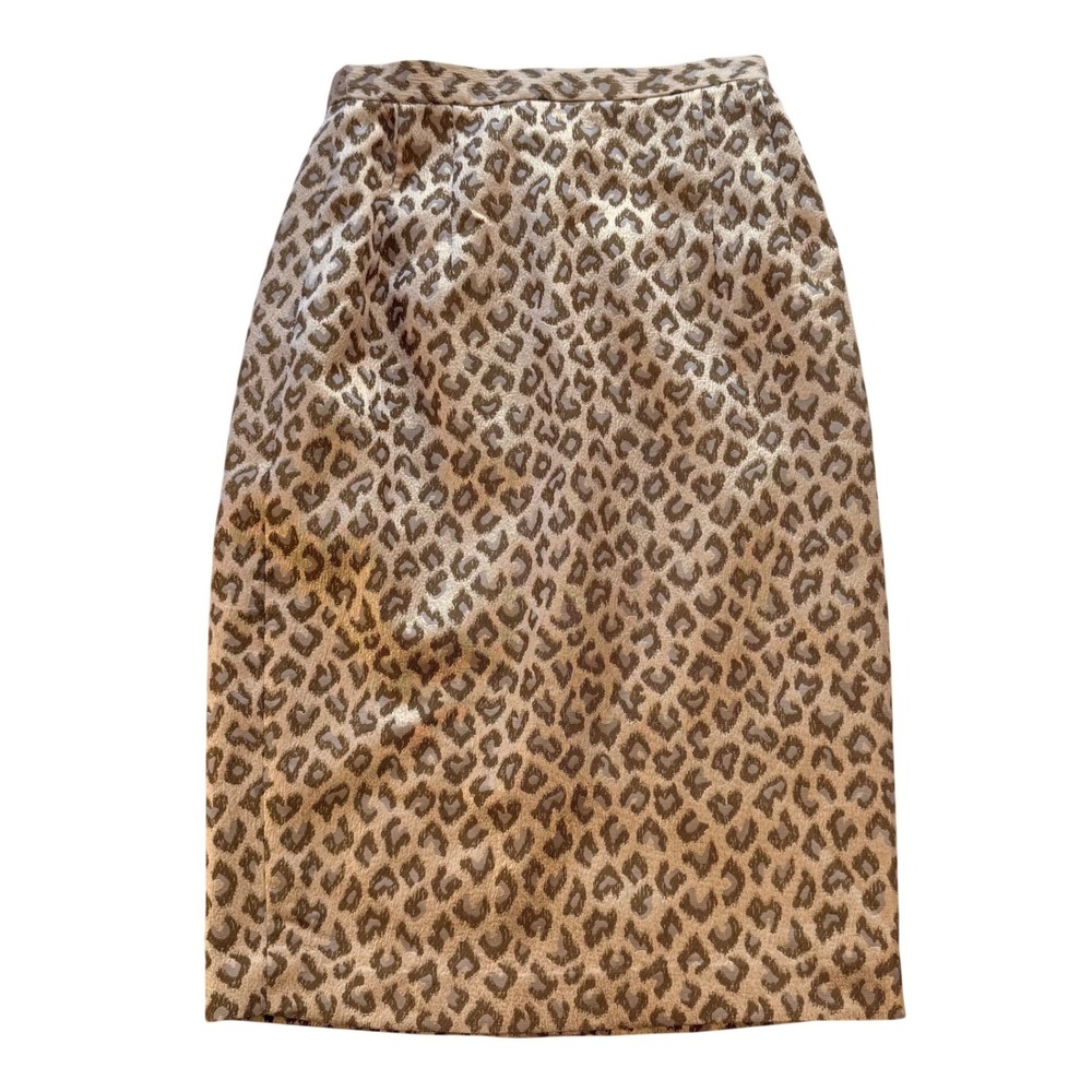 Vintage Womens Snow Leopard Print Pencil Skirt Metallic Gold 50s‎ 60s Lined Slit